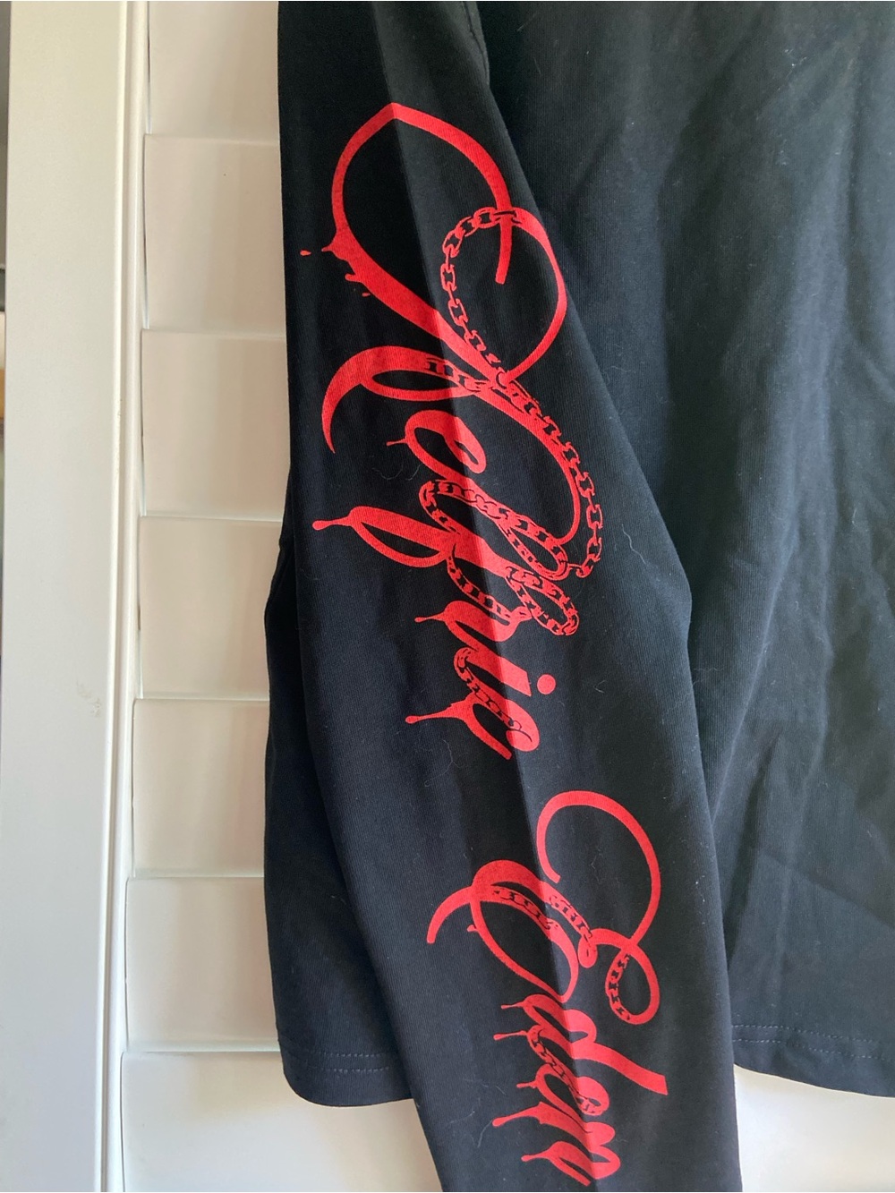 Aelfric Eden Black Long Sleeve Tee with Red Sleeve Script - Picture 3 of 3